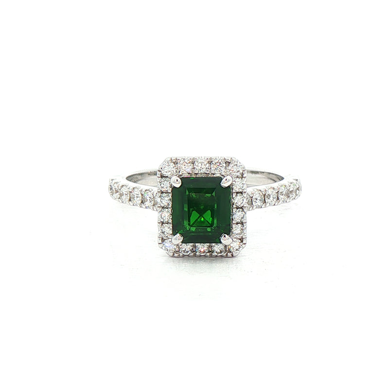 1.12ct Emerald Cut Green Garnet & Natural Diamond Halo & Shoulders 0.42ct In 18ct White Gold