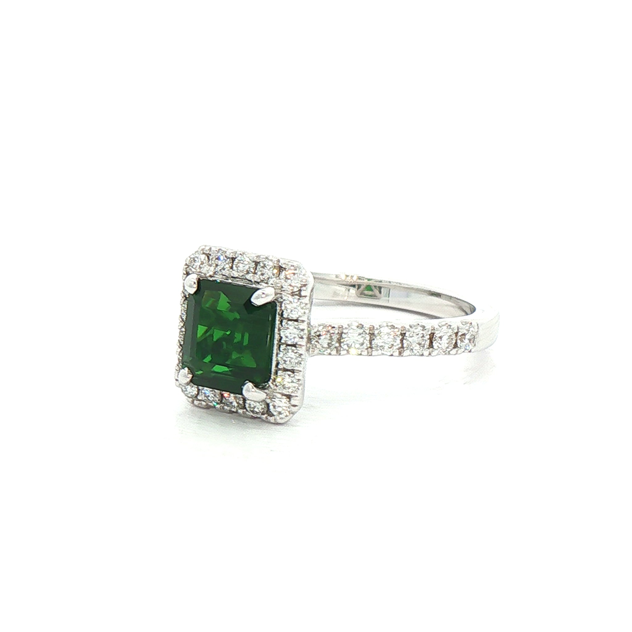 1.12ct Emerald Cut Green Garnet & Natural Diamond Halo & Shoulders 0.42ct In 18ct White Gold