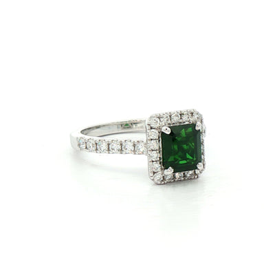 1.12ct Emerald Cut Green Garnet & Natural Diamond Halo & Shoulders 0.42ct In 18ct White Gold