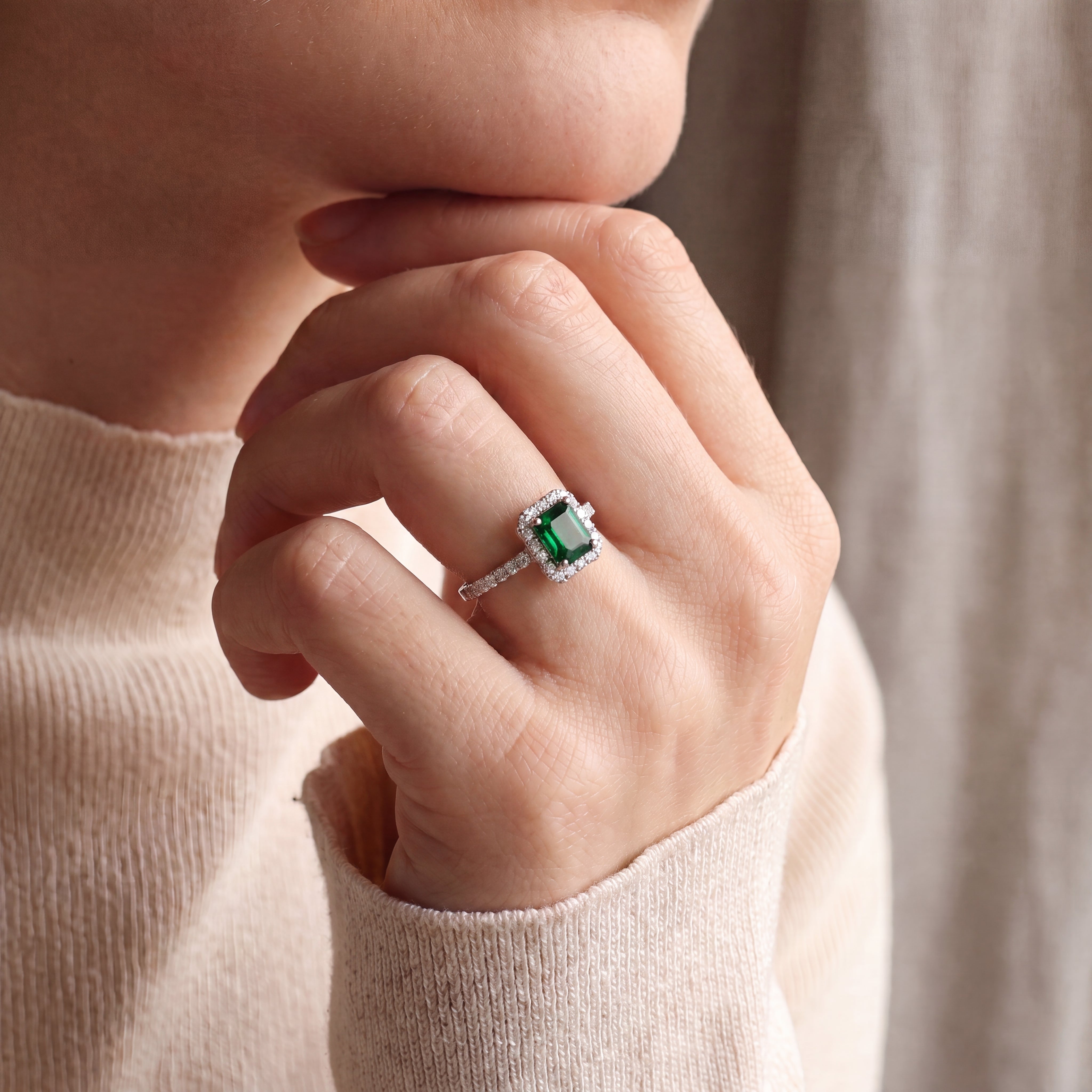 1.12ct Emerald Cut Green Garnet & Natural Diamond Halo & Shoulders 0.42ct In 18ct White Gold