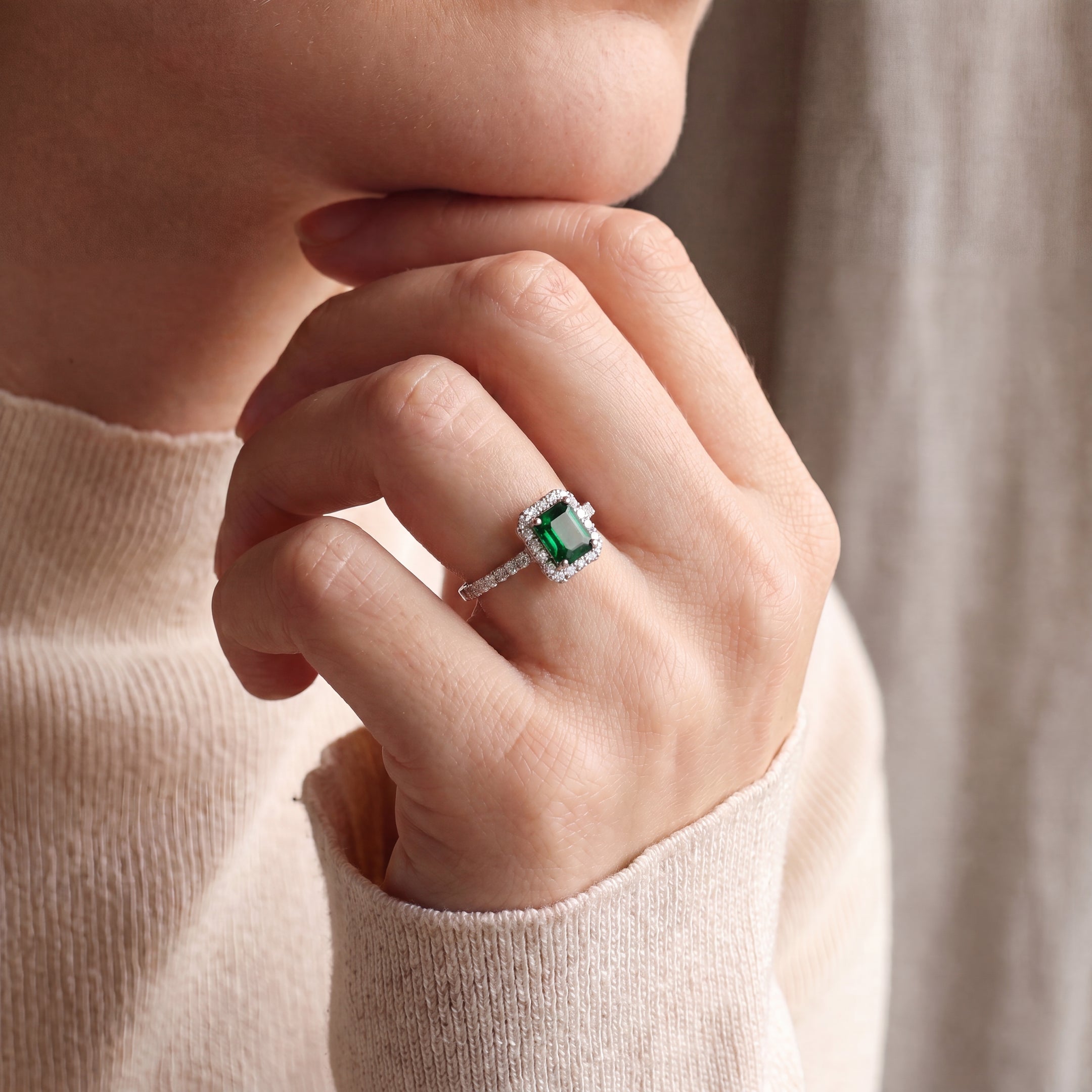 1.12ct Emerald Cut Green Garnet & Natural Diamond Halo & Shoulders 0.42ct In 18ct White Gold