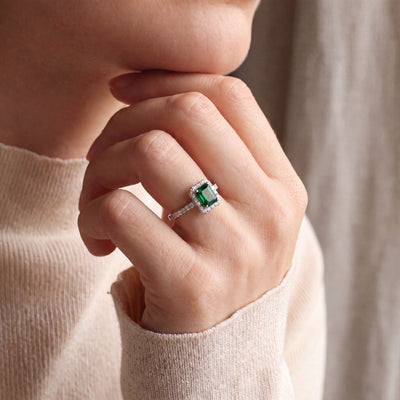 1.12ct Emerald Cut Green Garnet & Natural Diamond Halo & Shoulders 0.42ct In 18ct White Gold