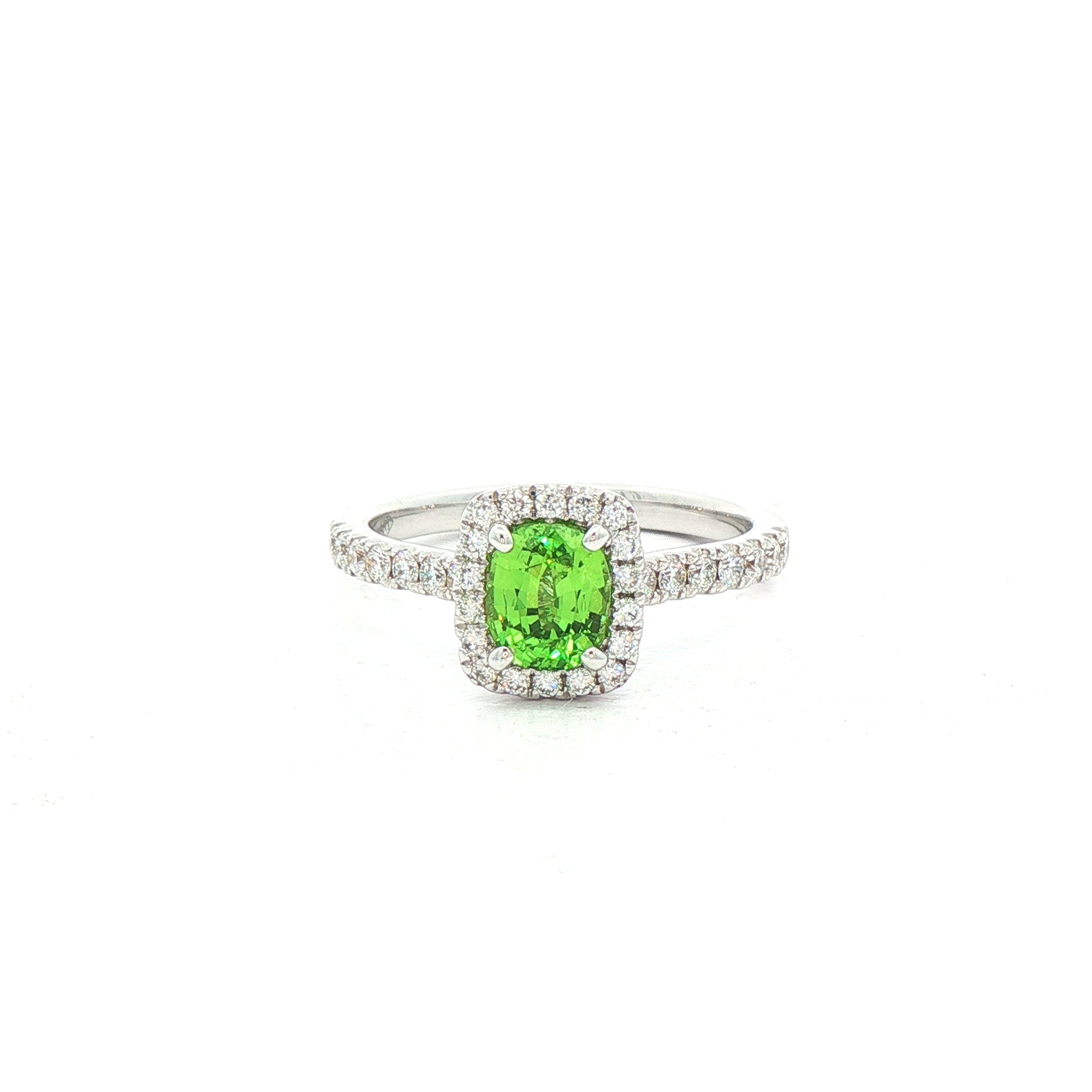 0.73ct Cushion Cut Mint Garnet With 0.34ct Natural Diamond Halo & Shoulders In 18ct White Gold