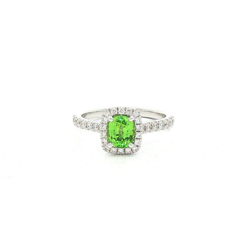 0.73ct Cushion Cut Mint Garnet With 0.34ct Natural Diamond Halo & Shoulders In 18ct White Gold