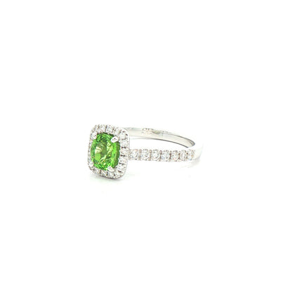 0.73ct Cushion Cut Mint Garnet With 0.34ct Natural Diamond Halo & Shoulders In 18ct White Gold