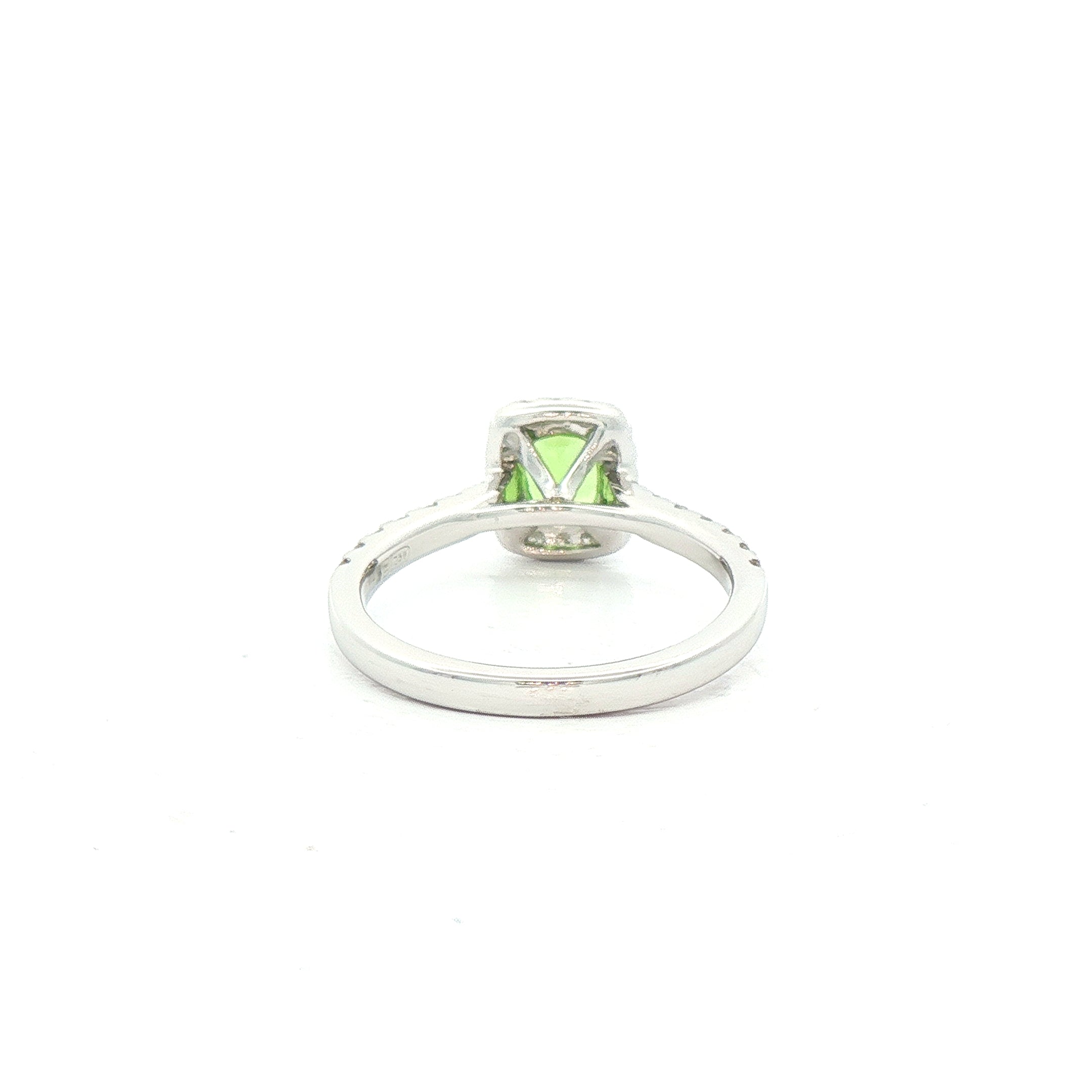 0.73ct Cushion Cut Mint Garnet With 0.34ct Natural Diamond Halo & Shoulders In 18ct White Gold
