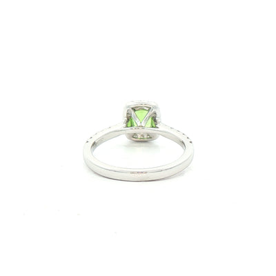 0.73ct Cushion Cut Mint Garnet With 0.34ct Natural Diamond Halo & Shoulders In 18ct White Gold
