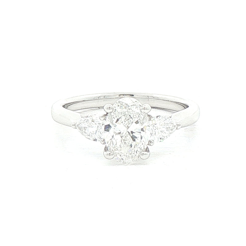18ct White Gold 1ct E Si1 Natural Diamond Oval Solitaire & Pear Shoulders 0.43ct