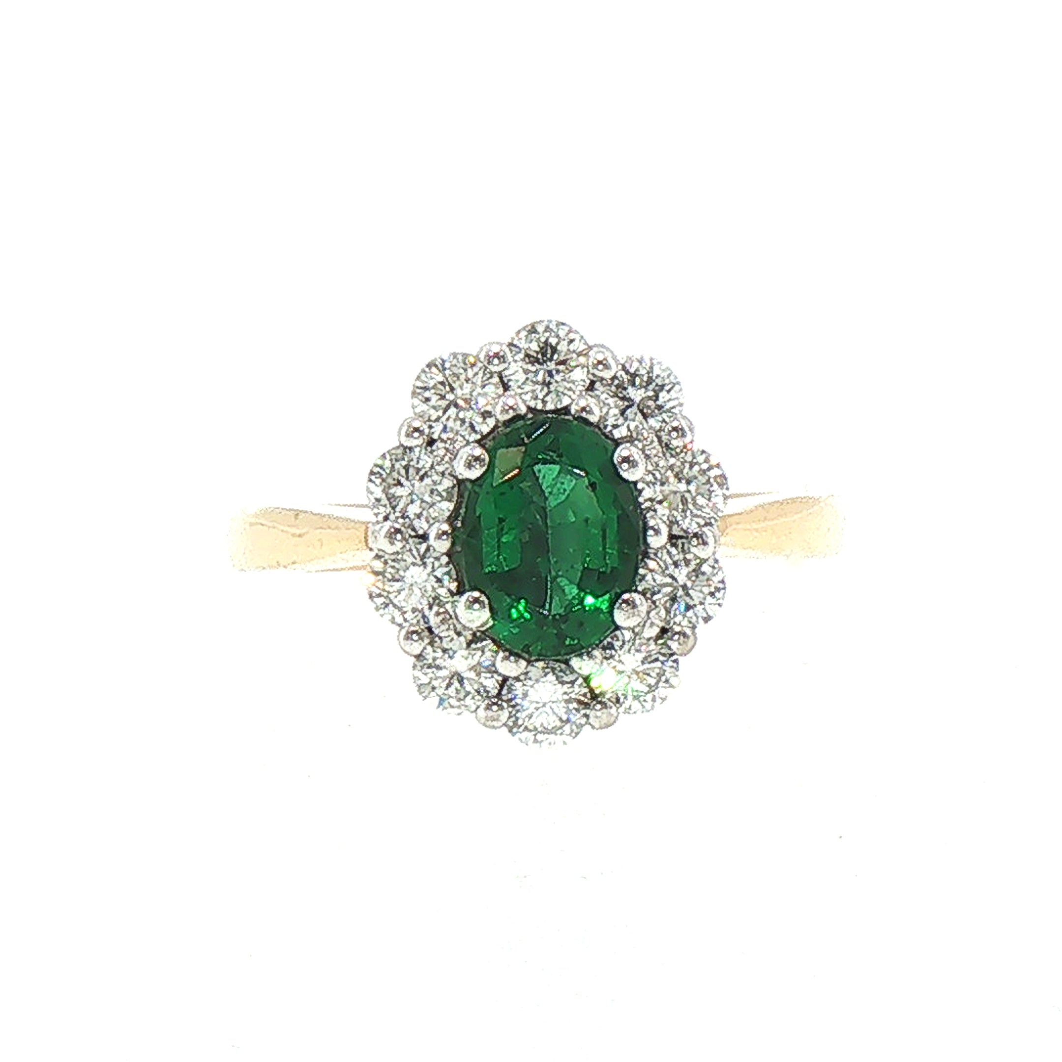 18ct Yellow Gold Oval Emerald 0.84ct & Natural Diamond 0.70ct Cluster Ring