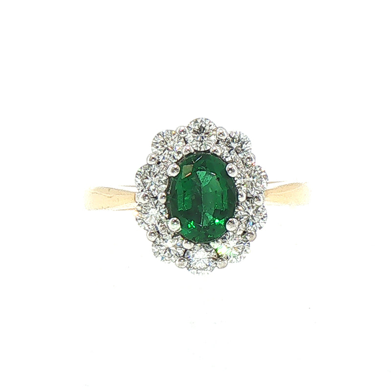 18ct Yellow Gold Oval Emerald 0.84ct & Natural Diamond 0.70ct Cluster Ring
