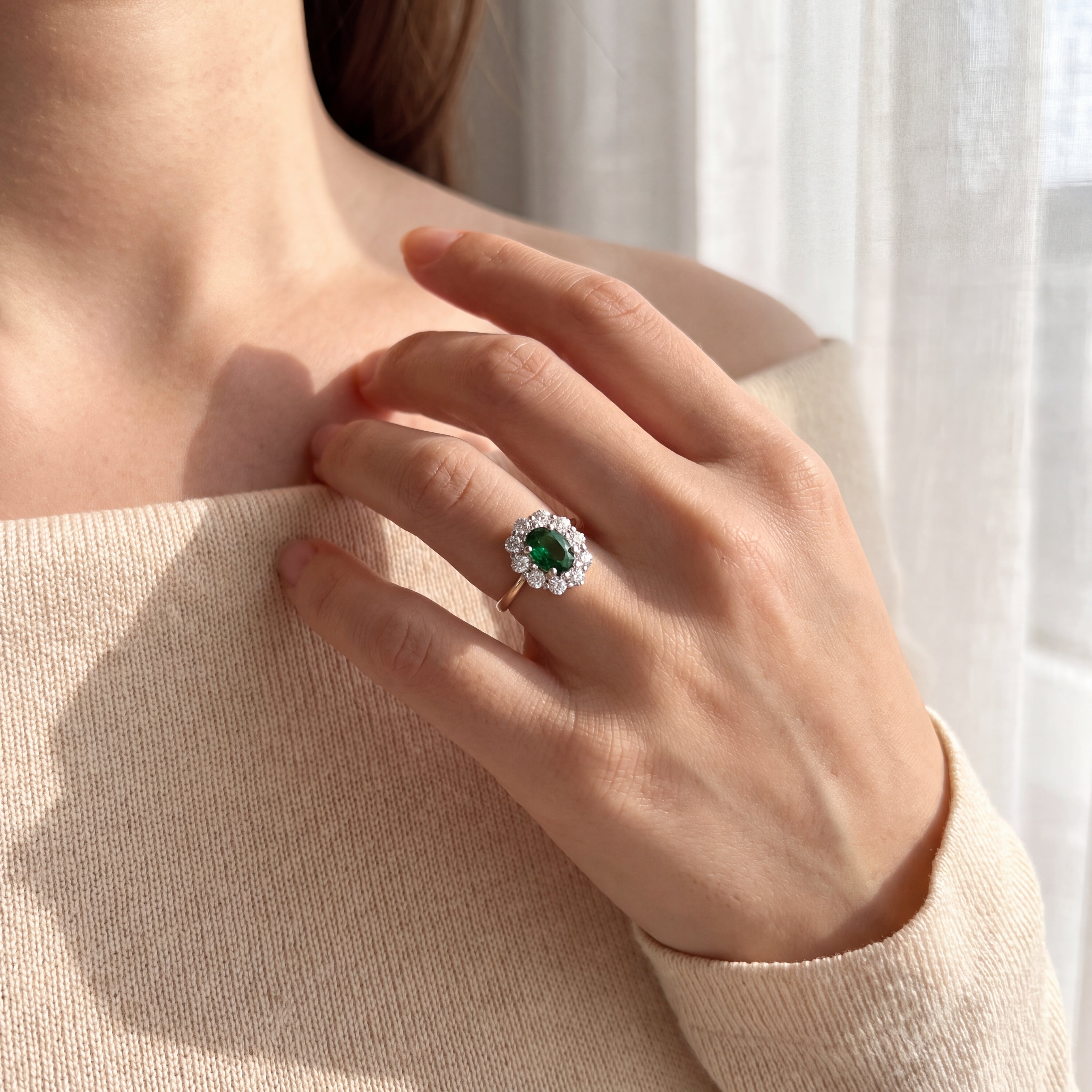 18ct Yellow Gold Oval Emerald 0.84ct & Natural Diamond 0.70ct Cluster Ring