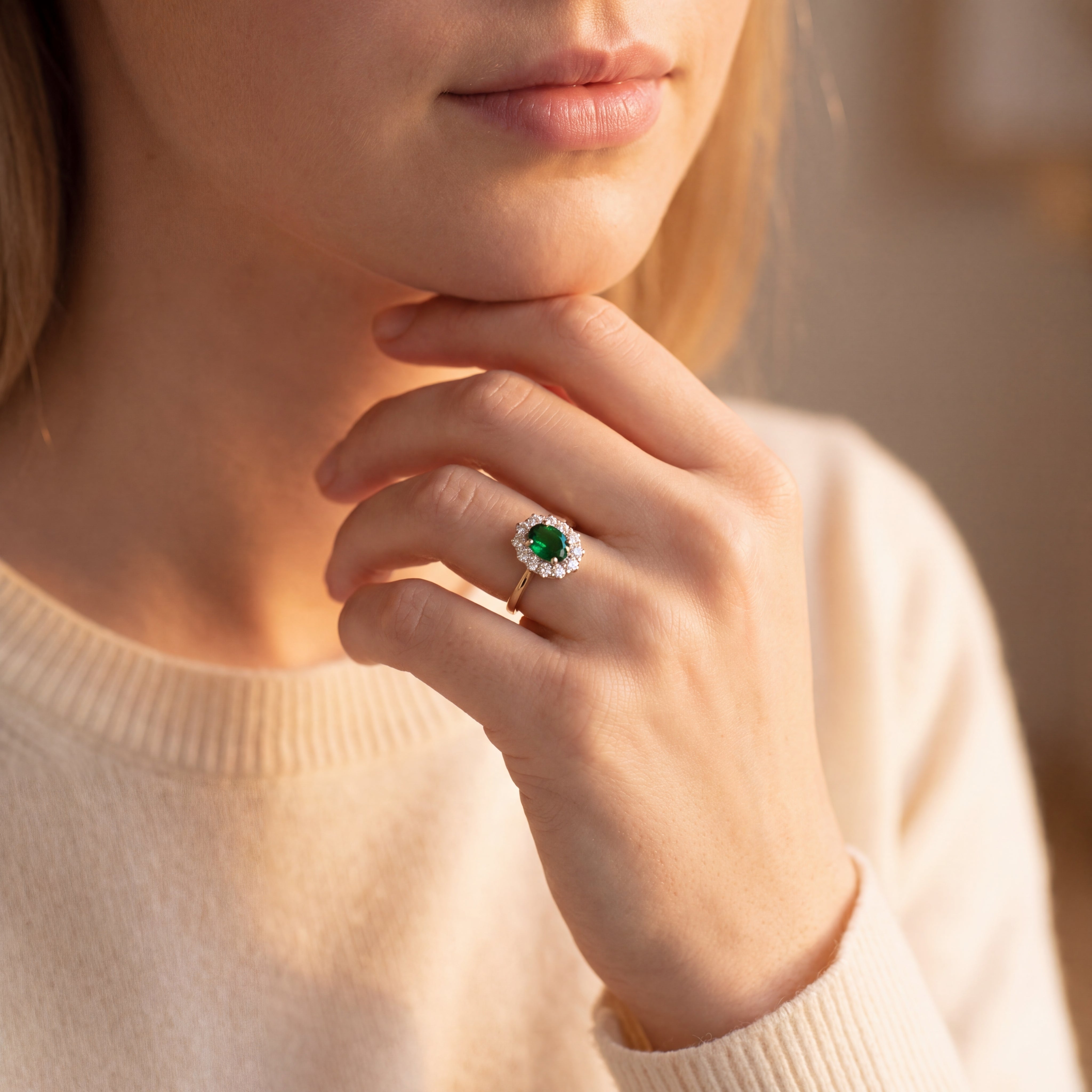 18ct Yellow Gold Oval Emerald 0.84ct & Natural Diamond 0.70ct Cluster Ring