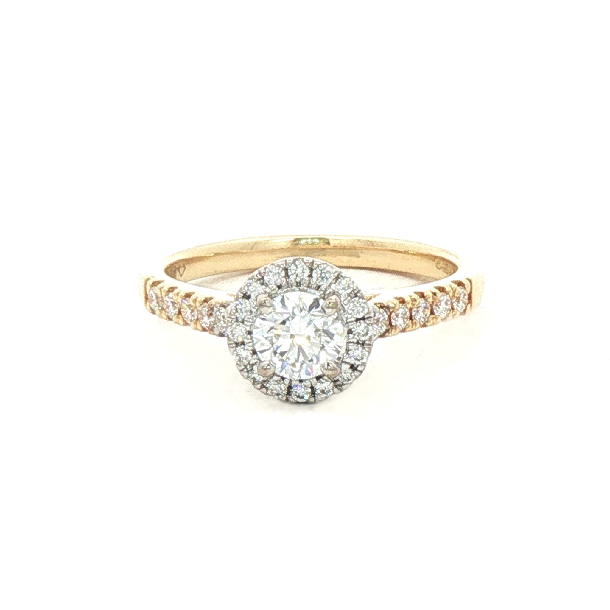 0.40ct E VS2 GIA Certified Round Halo Solitaire with 0.22ct Shoulder Diamond set in 18ct Yellow Gold