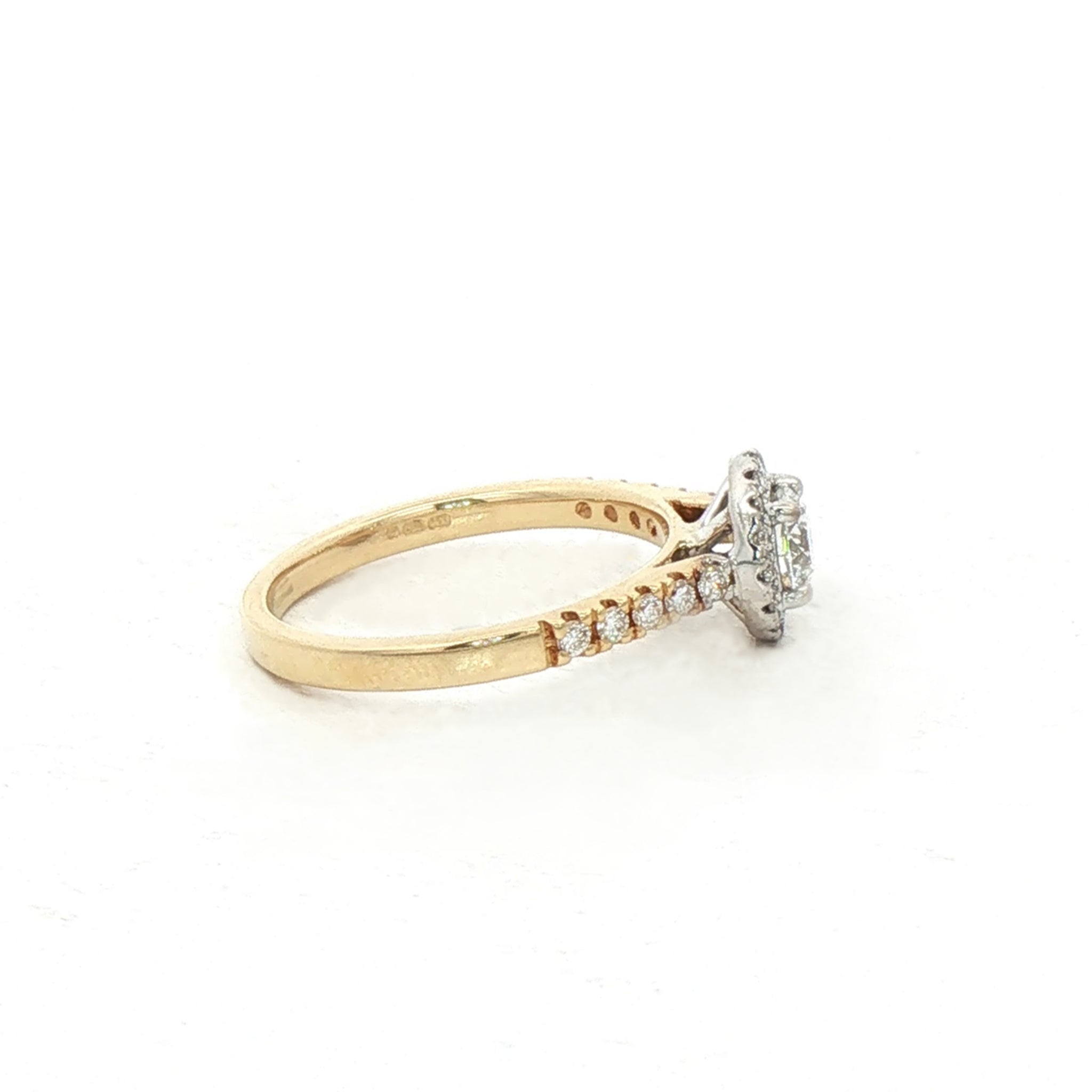 0.40ct E VS2 GIA Certified Round Halo Solitaire with 0.22ct Shoulder Diamond set in 18ct Yellow Gold