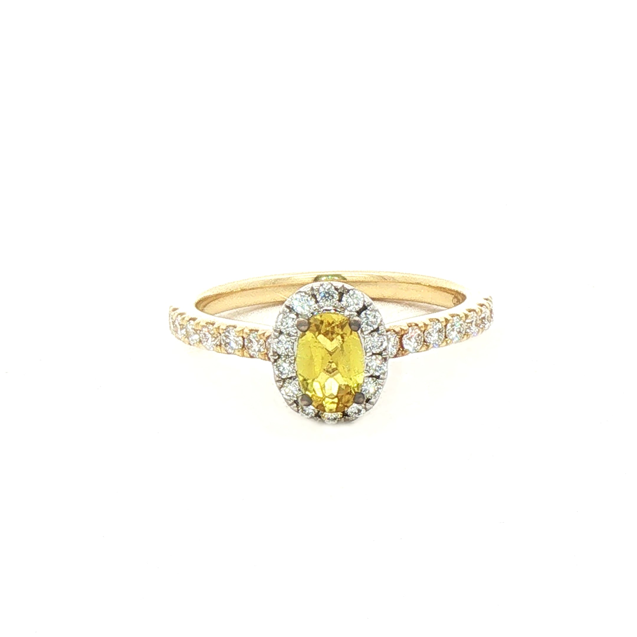 0.39ct Oval Halo Canary Tourmaline & 0.37ct Shoulder Diamond Ring set in 18ct Yellow Gold