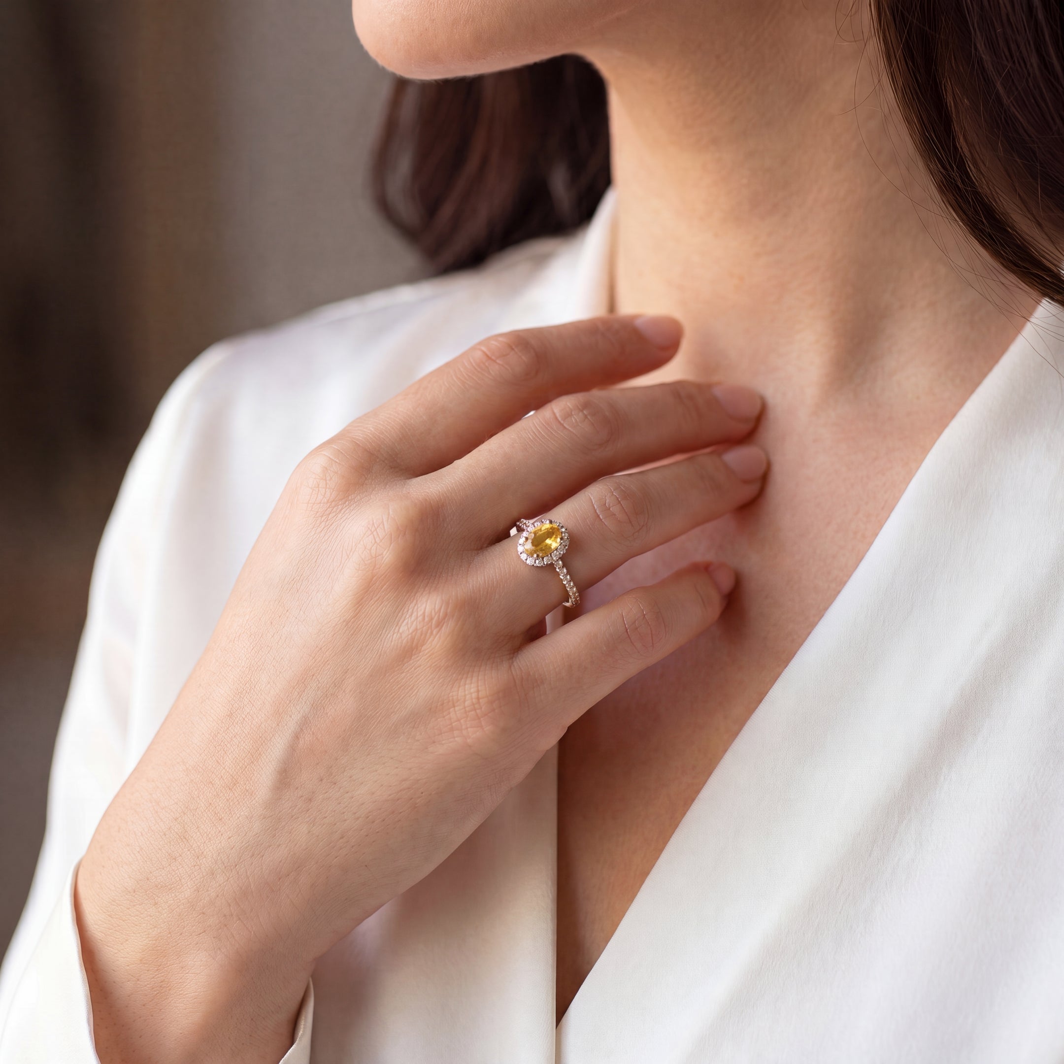 0.39ct Oval Halo Canary Tourmaline & 0.37ct Shoulder Diamond Ring set in 18ct Yellow Gold