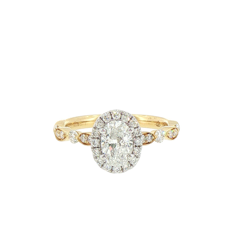 1.15ct Oval Halo Solitaire with Side Natural Diamonds Engagement Ring in 18ct Yellow Gold