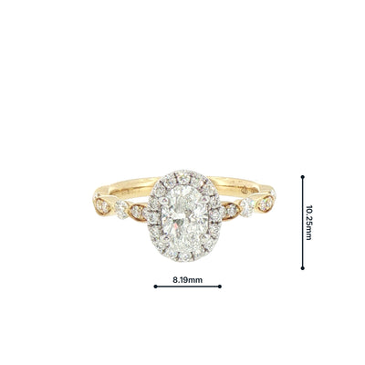 1.15ct Oval Halo Solitaire with Side Natural Diamonds Engagement Ring in 18ct Yellow Gold