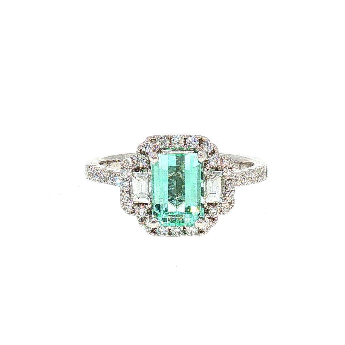 Emerald Cut Green Beryl and Natural Diamond Halo Dress Ring in 18ct White Gold