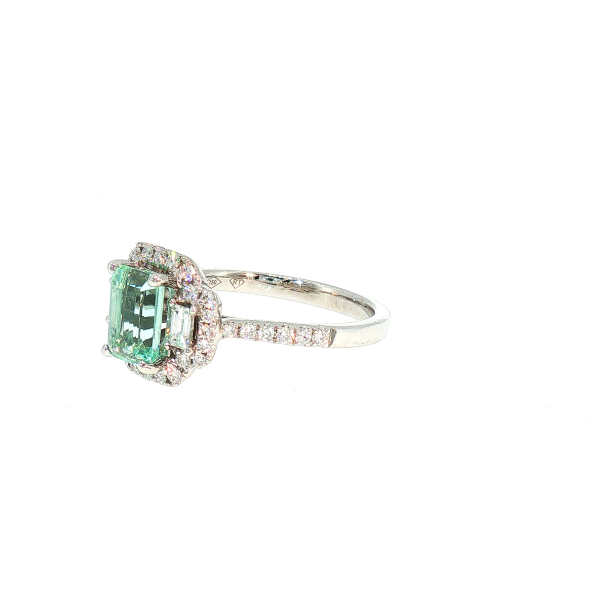 Emerald Cut Green Beryl and Natural Diamond Halo Dress Ring in 18ct White Gold