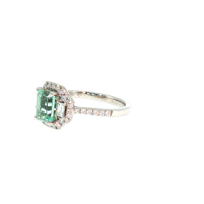 Emerald Cut Green Beryl and Natural Diamond Halo Dress Ring in 18ct White Gold