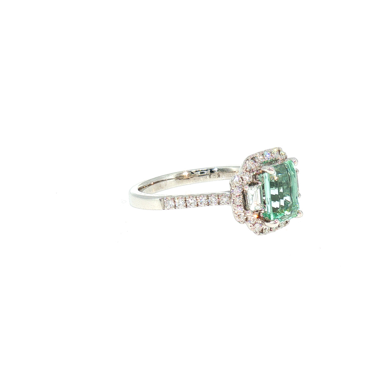 Emerald Cut Green Beryl and Natural Diamond Halo Dress Ring in 18ct White Gold