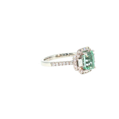 Emerald Cut Green Beryl and Natural Diamond Halo Dress Ring in 18ct White Gold