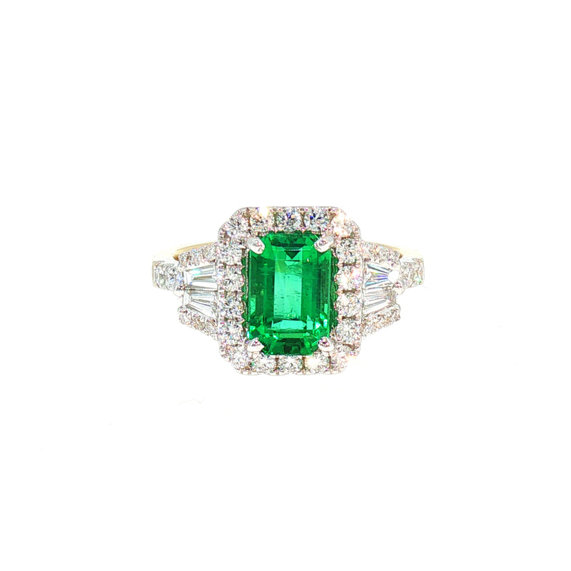 Emerald and Natural Diamond Emerald Cut Halo Dress Ring in 18ct Yellow Gold