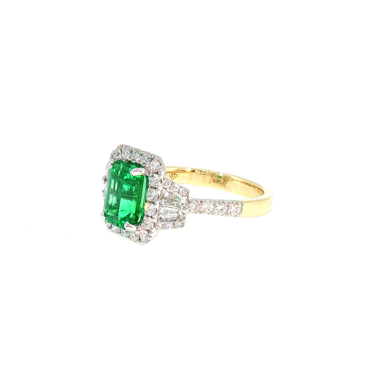 Emerald and Natural Diamond Emerald Cut Halo Dress Ring in 18ct Yellow Gold