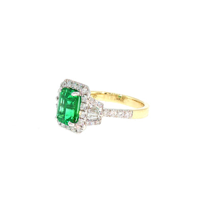 Emerald and Natural Diamond Emerald Cut Halo Dress Ring in 18ct Yellow Gold