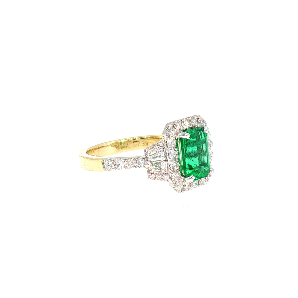 Emerald and Natural Diamond Emerald Cut Halo Dress Ring in 18ct Yellow Gold