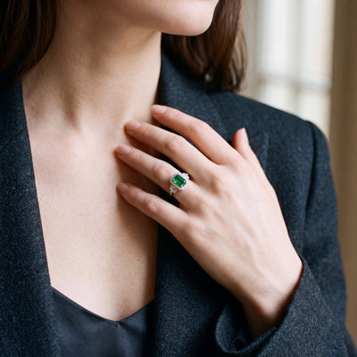 Emerald and Natural Diamond Emerald Cut Halo Dress Ring in 18ct Yellow Gold
