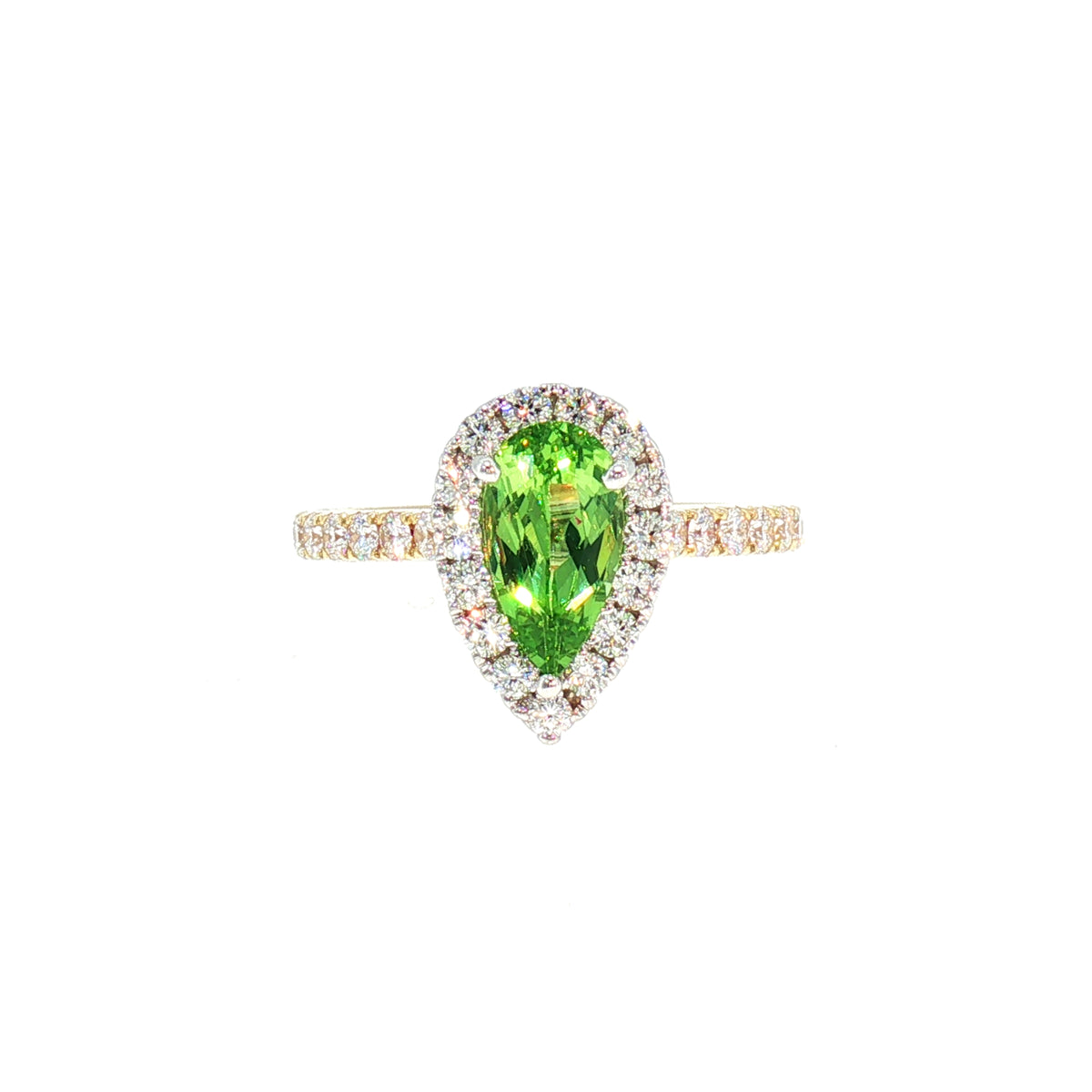 Natural Pear Mint Garnet and Diamond Halo Dress Ring in 18ct Yellow Gold