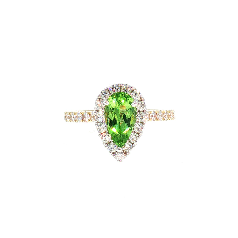 Natural Pear Mint Garnet and Diamond Halo Dress Ring in 18ct Yellow Gold