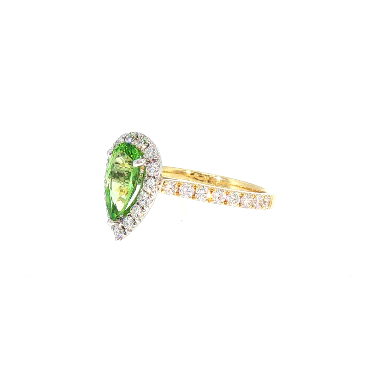 Natural Pear Mint Garnet and Diamond Halo Dress Ring in 18ct Yellow Gold