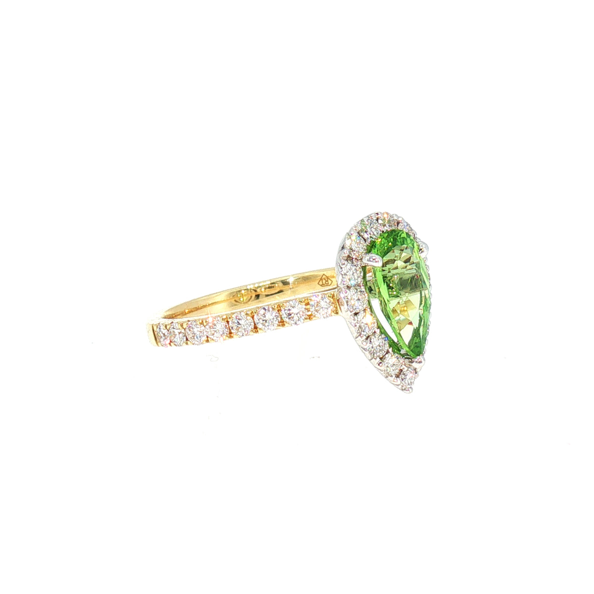 Natural Pear Mint Garnet and Diamond Halo Dress Ring in 18ct Yellow Gold