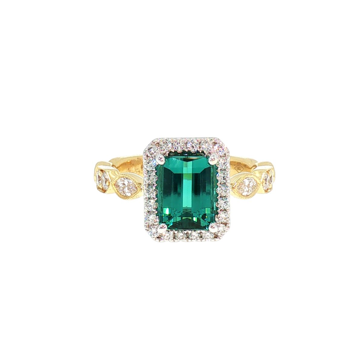 Natural Teal Tourmaline and Natural Diamond Dress Ring in 18ct Yellow Gold