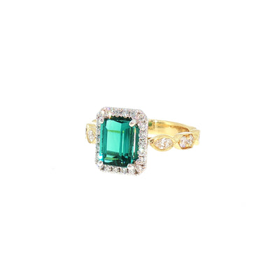 Natural Teal Tourmaline and Natural Diamond Dress Ring in 18ct Yellow Gold
