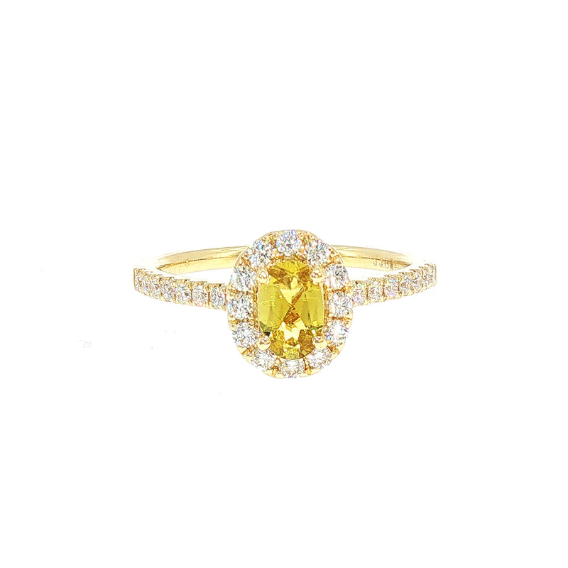 Canary Tourmaline and Natural Diamond Halo Dress Ring in 18ct Yellow Gold