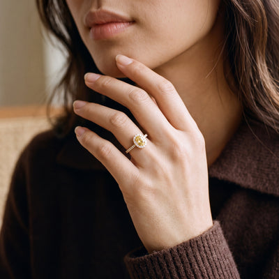 Canary Tourmaline and Natural Diamond Halo Dress Ring in 18ct Yellow Gold