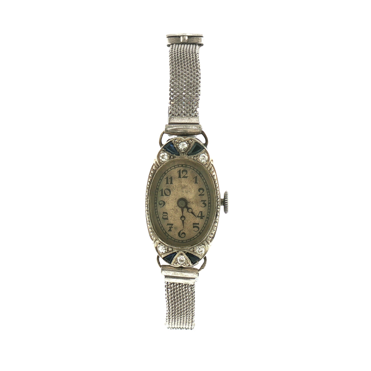 Vintage Ladies Sapphire and Natural Diamond Mesh Bracelet Watch in 18ct White Gold