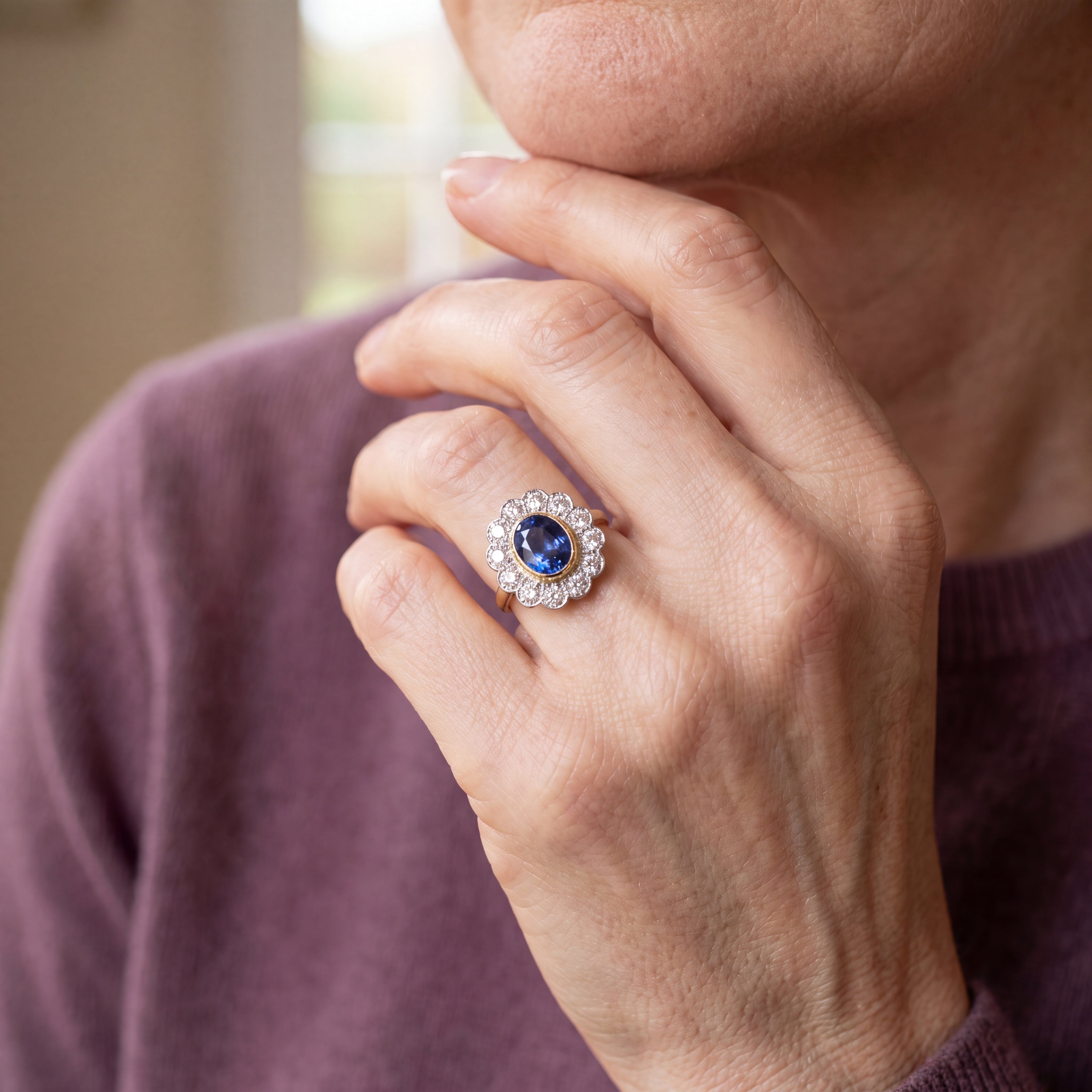 2.72ct Natural Sapphire & 0.96ct Natural Diamond Vintage Oval Cluster Vintage Ring set in 18ct Yellow Gold