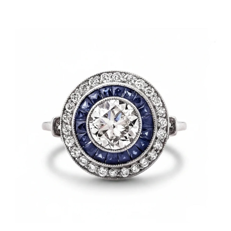 Art Deco Style Sapphire and Diamond Platinum Target Ring