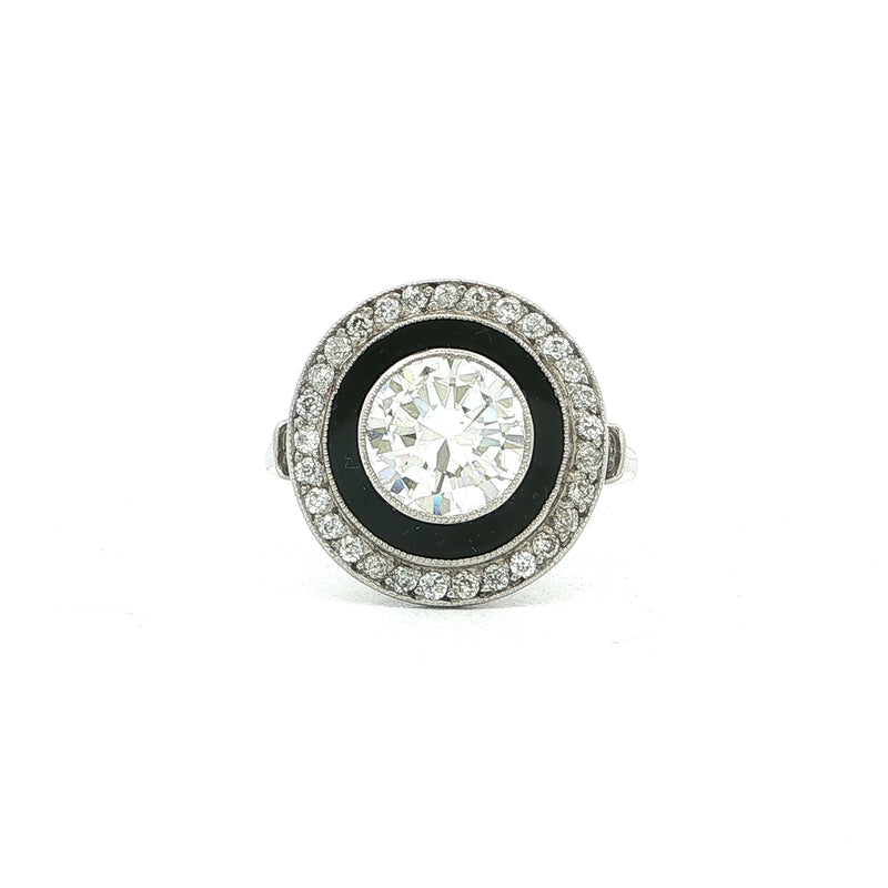 Vintage Natural Round Cut Diamond & Halo with Onyx Target Ring in Platinum