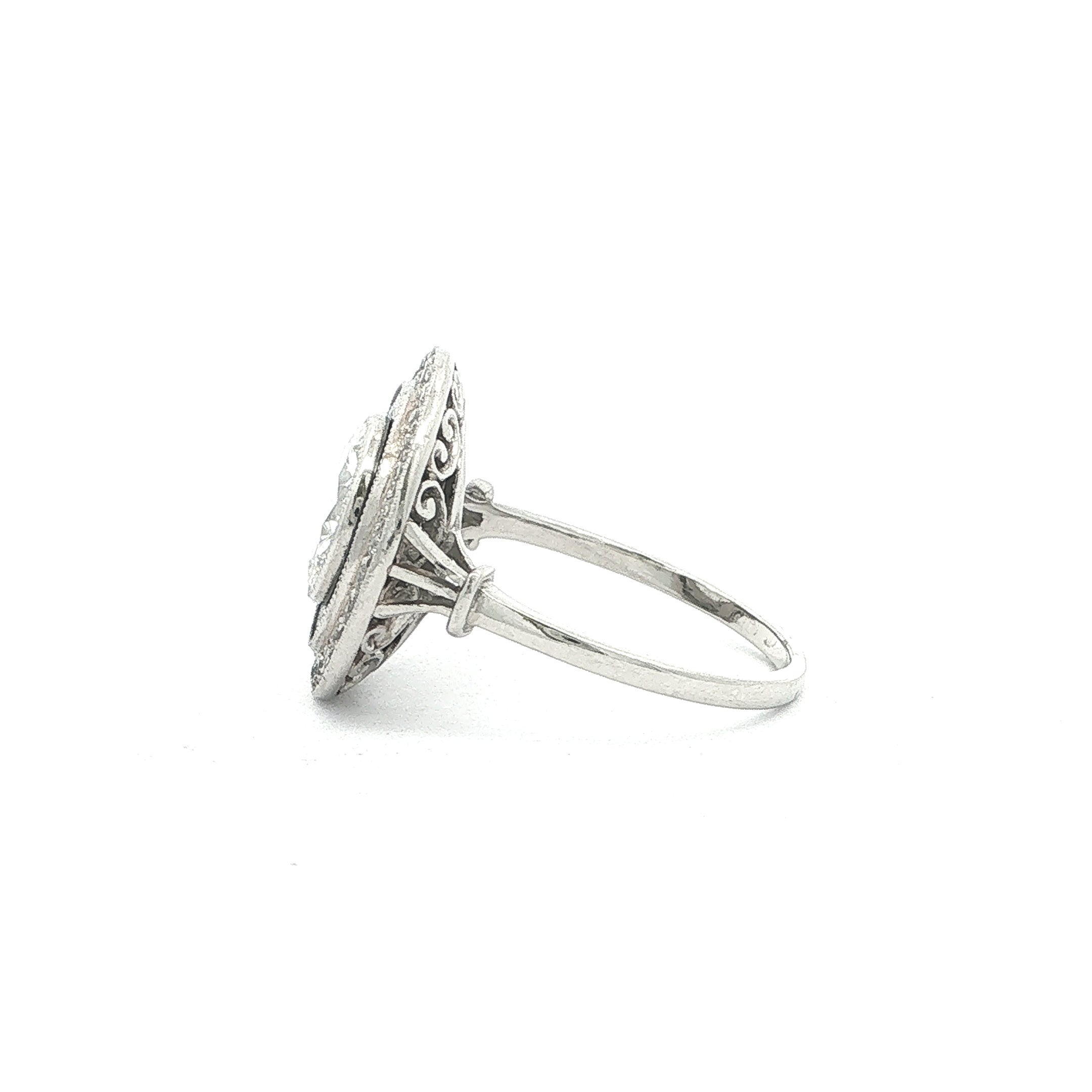 Vintage Natural Round Cut Diamond & Halo with Onyx Target Ring in Platinum