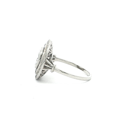 Vintage Natural Round Cut Diamond & Halo with Onyx Target Ring in Platinum