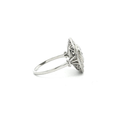 Vintage Natural Round Cut Diamond & Halo with Onyx Target Ring in Platinum