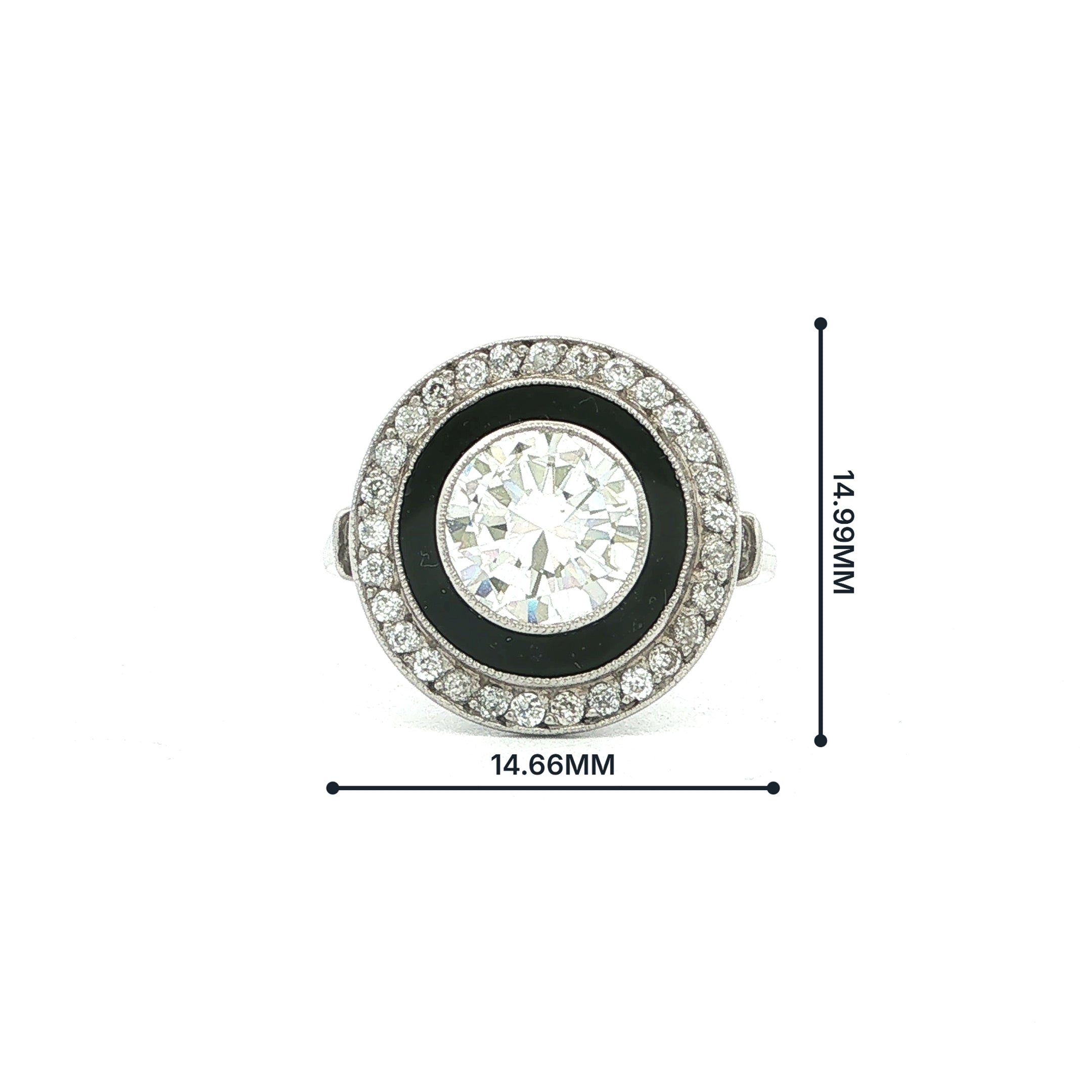 Vintage Natural Round Cut Diamond & Halo with Onyx Target Ring in Platinum