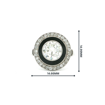 Vintage Natural Round Cut Diamond & Halo with Onyx Target Ring in Platinum