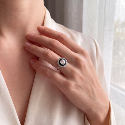 Vintage Natural Round Cut Diamond & Halo with Onyx Target Ring in Platinum